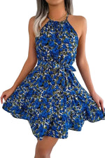 Women's Halter Neck Floral Mini Dress with Waist Tie
