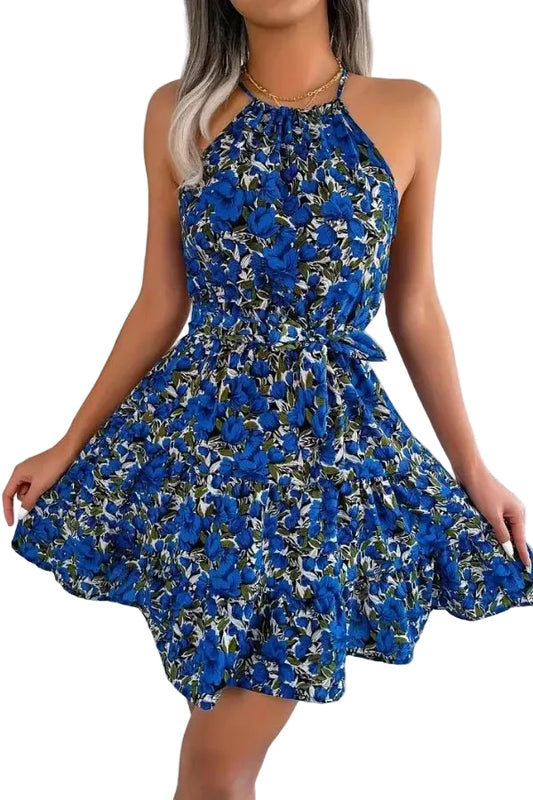 Women's Halter Neck Floral Mini Dress with Waist Tie