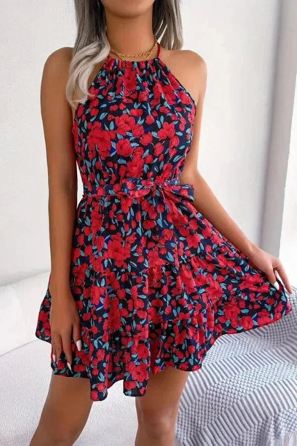 Women's Halter Neck Floral Mini Dress with Waist Tie