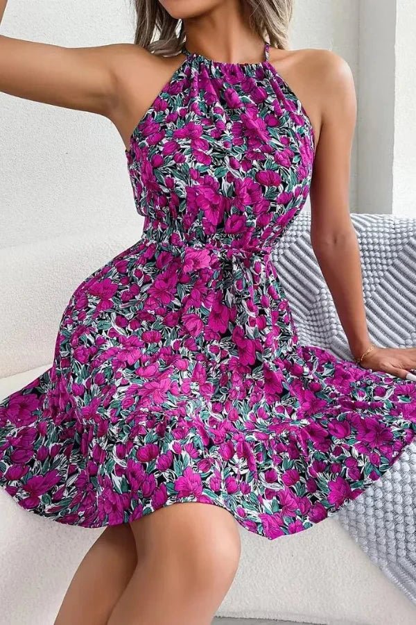 Women's Halter Neck Floral Mini Dress with Waist Tie