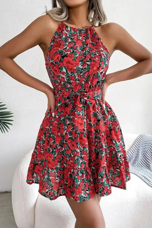 Women's Halter Neck Floral Mini Dress with Waist Tie