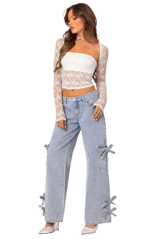 Women’s Lace Long Sleeve Crop Top with Bandeau Panel