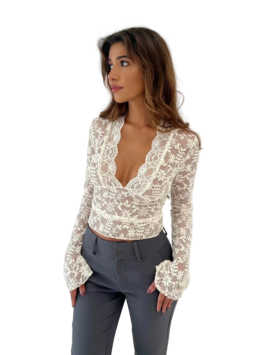 Women’s Lace Long Sleeve Top with Deep V-Neck