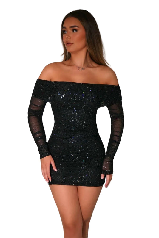 Women's Off-Shoulder Glitter Mini Dress with Sheer Long Sleeves