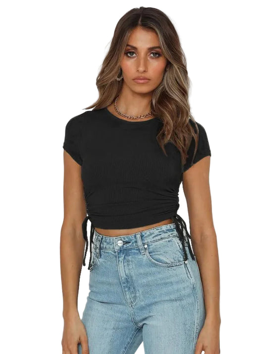 Women’s Short Sleeve Crop Top with Side Tie Detail