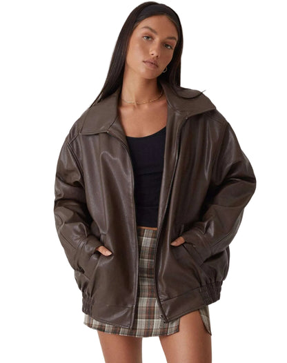 Women’s Zip-Up Faux Leather Jacket with Elastic Hem