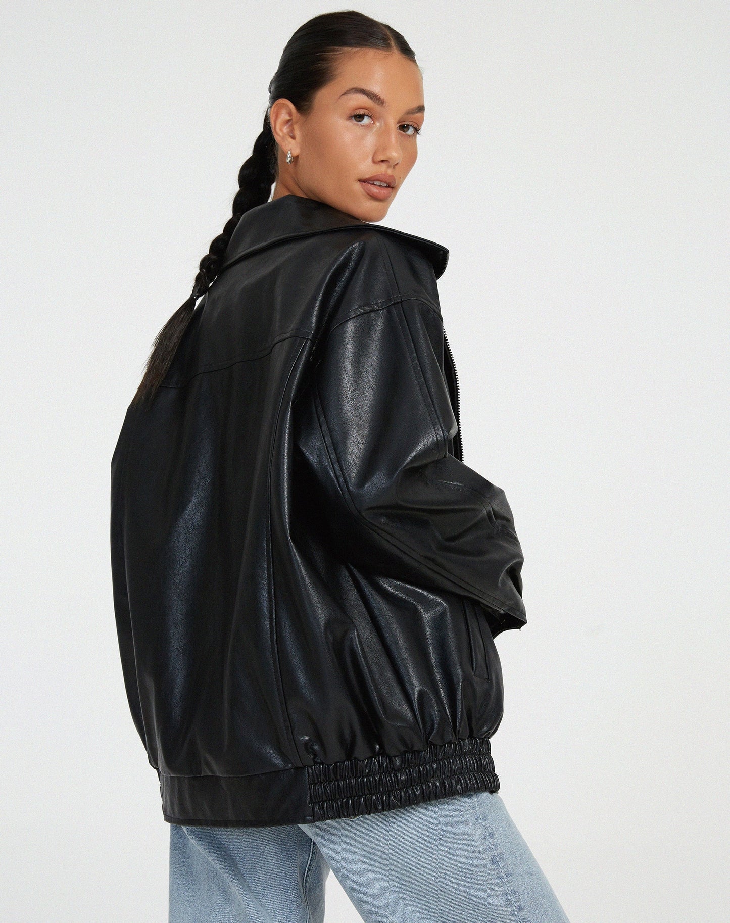 Women’s Zip-Up Faux Leather Jacket with Elastic Hem