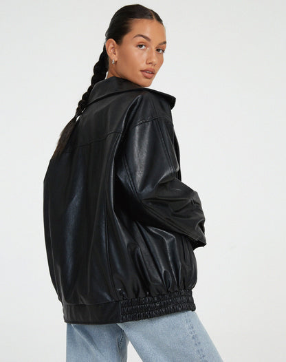 Women’s Zip-Up Faux Leather Jacket with Elastic Hem