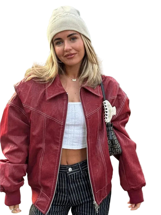 Women’s Zip-Up Faux Leather Jacket with Elastic Hem and Collar