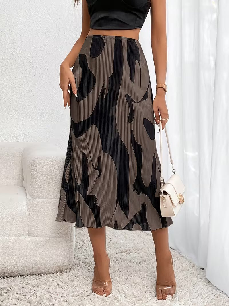 Women's High-Waisted Midi Skirt with Abstract Print
